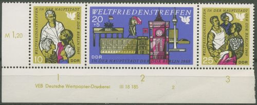 DDR 1969 Weltfriedenstreffen 1478/80 ZD Druckvermerk W Zd 207 DV 2 Ecke postfr.