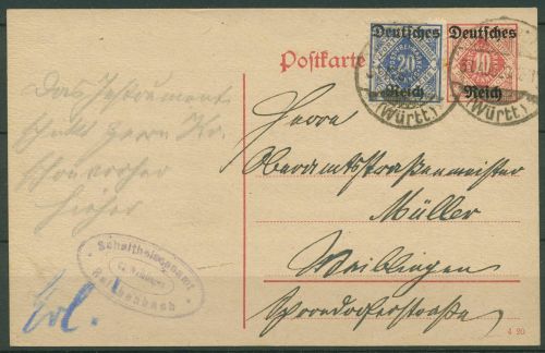Deutsches Reich 1920 Dienstpostkarte für Württemberg DP 11/02 gebraucht (X40431)