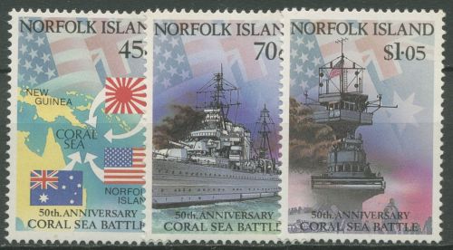 Norfolk-Insel 1992 Schlacht im Korallenmeer 525/27 Kriegsschiffe postfrisch