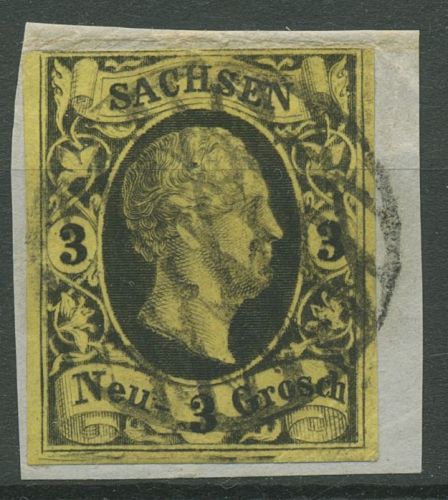 Sachsen 1851 König Friedrich August II. 3 Ngr., 6 gestempelt, Briefstück