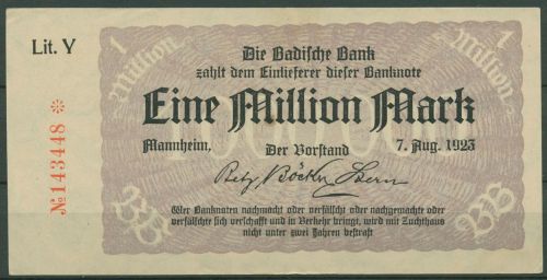 Badische Bank 1 Million Mark 1923 Lit. Y, BAD-11b. gebraucht (K1577)