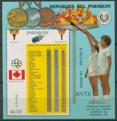 Paraguay 1976 Olympiade Medaillenspiegel Montreal Block 290 postfrisch (C80535)