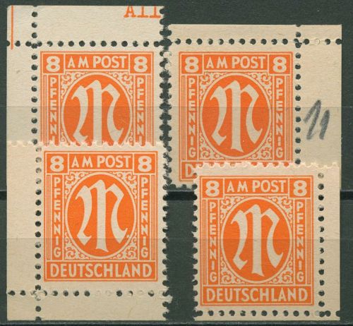 Bizone 1945 AM-POST Amerikanischer Druck 5 z Ecke 1/4 Papier z postfrisch
