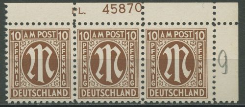 Bizone 1945 AM-POST Amerik. Druck mit Plattennummer 6 x Pl.-Nr. oben postfrisch