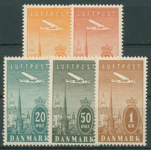 Dänemark 1934 Flugpostmarken Flugzeug über Kopenhagen 217/21 postfrisch