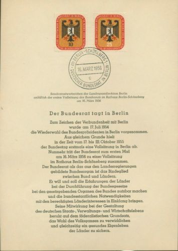 Berlin 1956 Bundesrat 136/37 amtliches Ersttagsblatt ETB 3 (X12972)