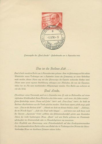 Berlin 1956 Paul Lincke 156 amtliches Ersttagsblatt ETB 11 (X12980)