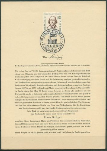 Berlin 1957 Friedrich C. v. Savigny 170 amtliches Ersttagsblatt ETB 22 (X12991)