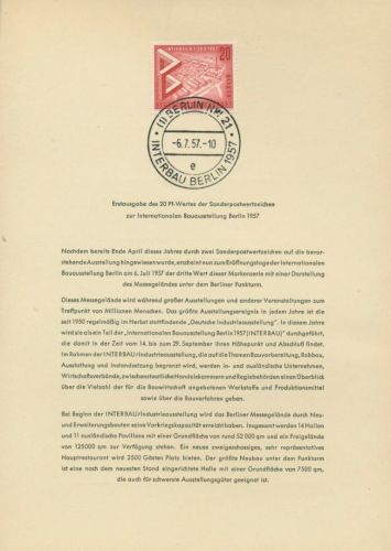Berlin 1957 Int. Bau-Ausstellung 161 amtliches Ersttagsblatt ETB 23 (X12992)