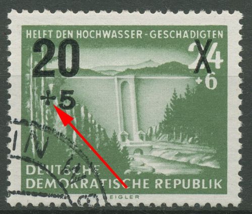 DDR 1955 Hochwassergeschädigte mit Plattenfehler 449 II mit Sonderstempel