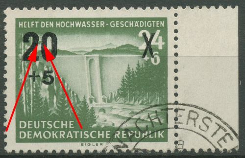 DDR 1955 Hochwasserhilfe mit Plattenfehler 449 F 15 gestempelt