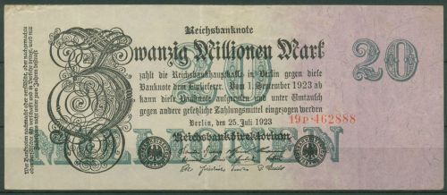 Dt. Reich 20 Millionen Mark 1923, DEU-108b FZ P, leicht gebraucht (K1303)