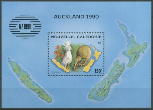 Neukaledonien 1990 Vögel Kiwi Kagu Landkarte Block 10 postfrisch (C8626)