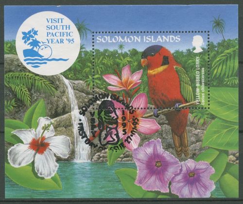 Salomonen 1995 Tourismusjahr Papagei Wasserfall Block 40 gestempelt (C42895)