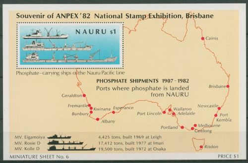 Nauru 1982 75 Jahre Phosphatindustrie Frachtschiffe Block 6 postfrisch (C42898)