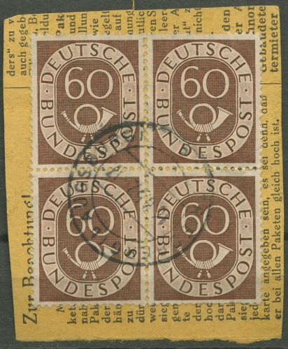 Bund 1951 Posthorn Bogenmarken 135 4er-Block gestempelt, Briefstück
