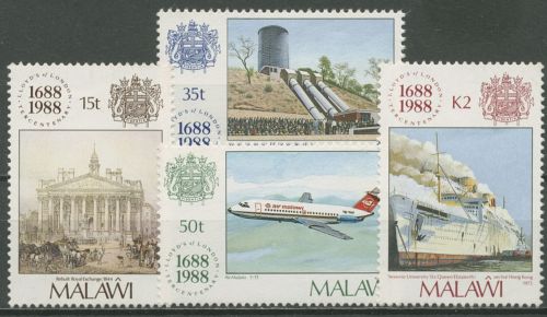 Malawi 1988 300 Jahre Lloyds Schiff Flugzeug Wasserkraftwerk 517/20 postfrisch