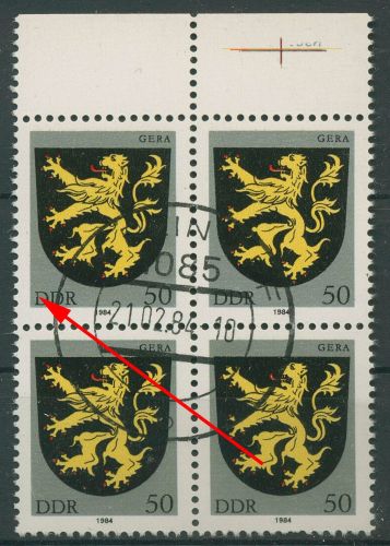 DDR 1984 Stadtwappen mit Plattenfehler 2857 F 5 4er-Block mit Massenentwertung