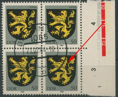 DDR 1984 Stadtwappen mit Plattenfehler 2857 F 80 4er-Block mit Massenentwertung