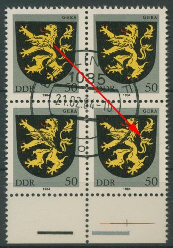 DDR 1984 Stadtwappen mit Plattenfehler 2857 F 96 4er-Block mit Massenentwertung