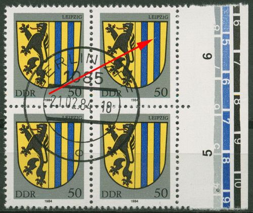 DDR 1984 Stadtwappen mit Plattenfehler 2860 F 50 4er-Block mit Massenentwertung