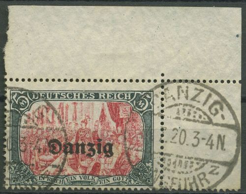 Danzig 1920 Freimarke mit Aufdruck 15 B Ecke 2 gestempelt geprüft