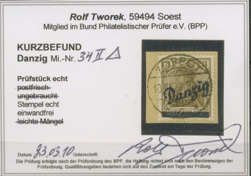 Danzig 1920 Germania, sog. kleiner Innendienst 34 gestempelt, geprüft mit Befund