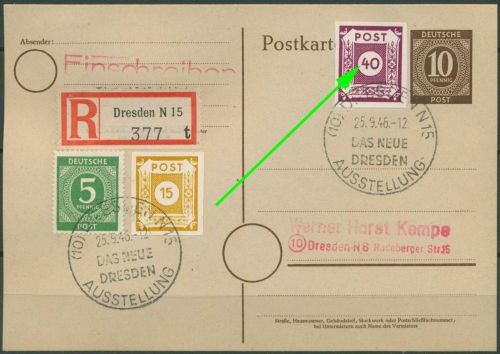 SBZ Ost-Sachsen 1946 Freimarke mit Plattenfehler 50 III auf R-Ortskarte (R3196)