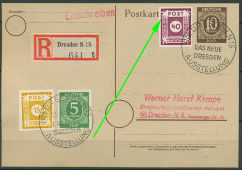 SBZ Ost-Sachsen Freimarke mit Plattenfehler 50 IV auf R-Ortskarte (G3135)