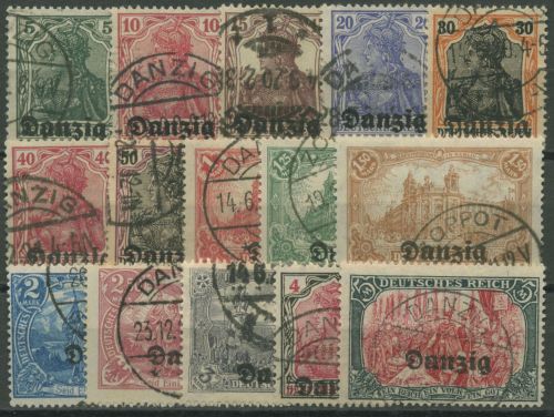 Danzig 1920 Freimarken mit Aufdruck 1/15 gestempelt, Massenentwertung