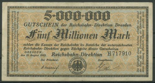 Deutsche Reichsbahn Dresden 5 Mio Mark 1923, gebraucht (K1670)