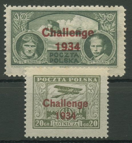Polen 1934 Europaflug 1934 MiNr 230 u. 280 mit rotem Aufdruck 289/90 postfrisch