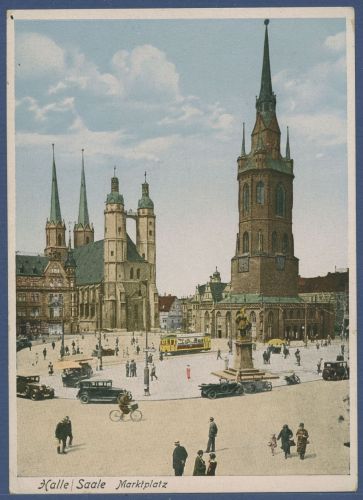 Halle an der Saale Marktplatz Kirchen Straßenbahn, ungebraucht (AK5859)