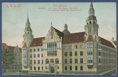 Halle an der Saale Civil Gericht, gelaufen 1907, fleckig (AK5852)