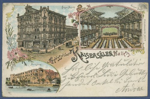 Gruss aus den Kaisersälen Halle an der Saale, gelaufen 1902 (AK5850)