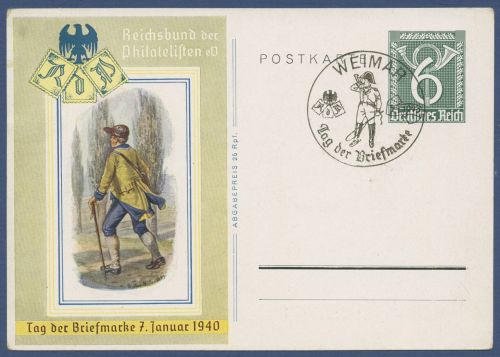 Dt. Reich 1940 Tag der Briefmarke Postbote Postkarte P 289 SST Weimar (X41659)