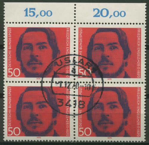 Bund 1970 Friedrich Engels 657 4er-Block mit Oberrand gestempelt