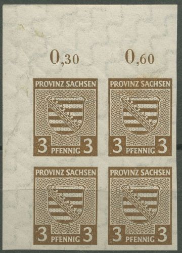 SBZ Provinz Sachsen 1945 Wappen mit WZ fallend 67 X 4er-Block Ecke 1 postfrisch