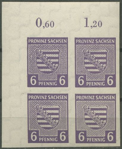 SBZ Provinz Sachsen 1945 Wappen mit WZ fallend 69 Xa 4er-Block Ecke 1 postfrisch