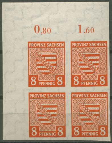 SBZ Provinz Sachsen 1945 Wappen mit WZ fallend 70 X 4er-Block Ecke 1 postfrisch