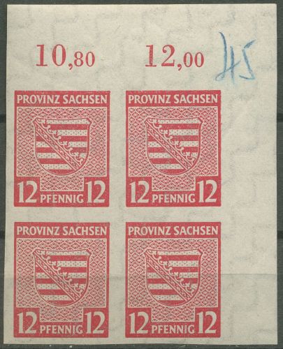 SBZ Provinz Sachsen 1945 Wappen mit WZ fallend 71 X 4er-Block Ecke 2 postfrisch