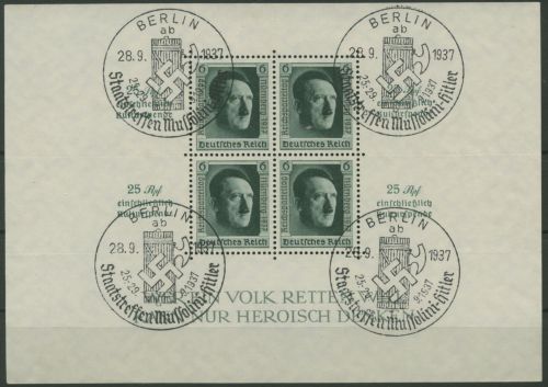 Deutsches Reich 1937 48. Geburtstag Hitler, Reichsparteitag Block 11 gestempelt