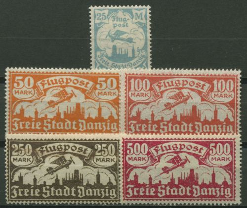 Danzig 1923 Flugpostmarken mit WZ 3 Y, 133/37 mit Falz