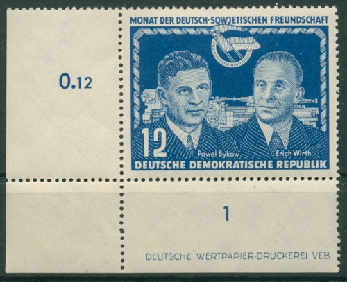 DDR 1951 Dt.-Sowj.-Freundschaft mit Druckerzeichen 296 DZ Ecke mit Falz