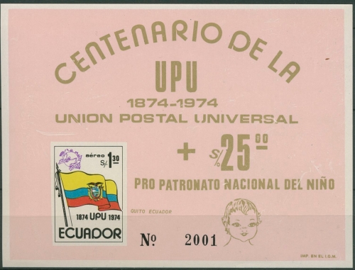 Ecuador 1974 100 Jahre Weltpostverein UPU Block 67 postfrisch (C94103) s.Hinweis