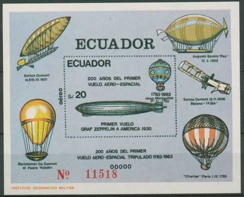Ecuador 1984 200 Jahre Luftfahrt Zeppelin Ballone Block 111 postfrisch (C94106)