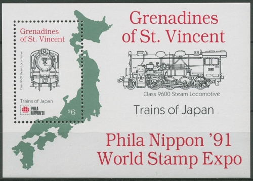 St. Vincent-Grenadinen 1991 PHILANIPPON Lokomotiven Block 76 postfrisch (C94497)