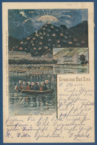 Gruss aus Bad Ems Beleuchtung der Bäderlei, gelaufen 1901 (AK2998)