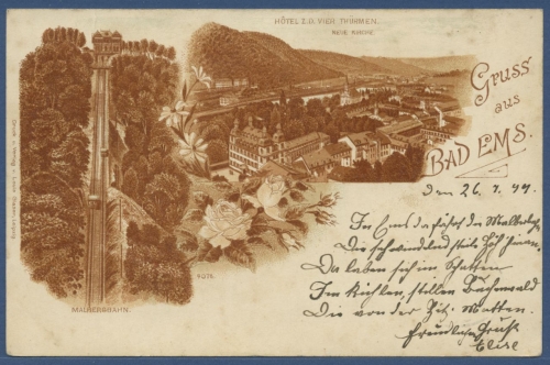 Gruss aus Bad Ems Malbergbahn Hotel z. d. vier Thürmen, gelaufen 1899 (AK2972)