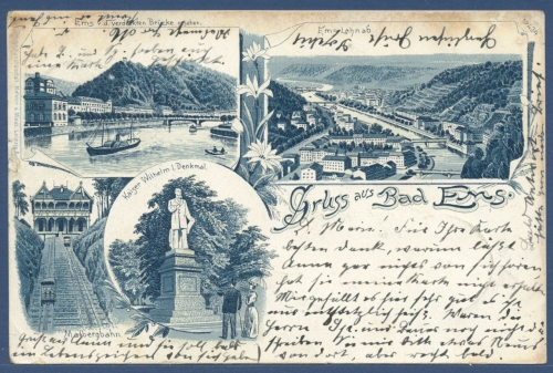 Gruss aus Bad Ems Malbergbahn Stadtansicht, gelaufen 1900 (AK2999)